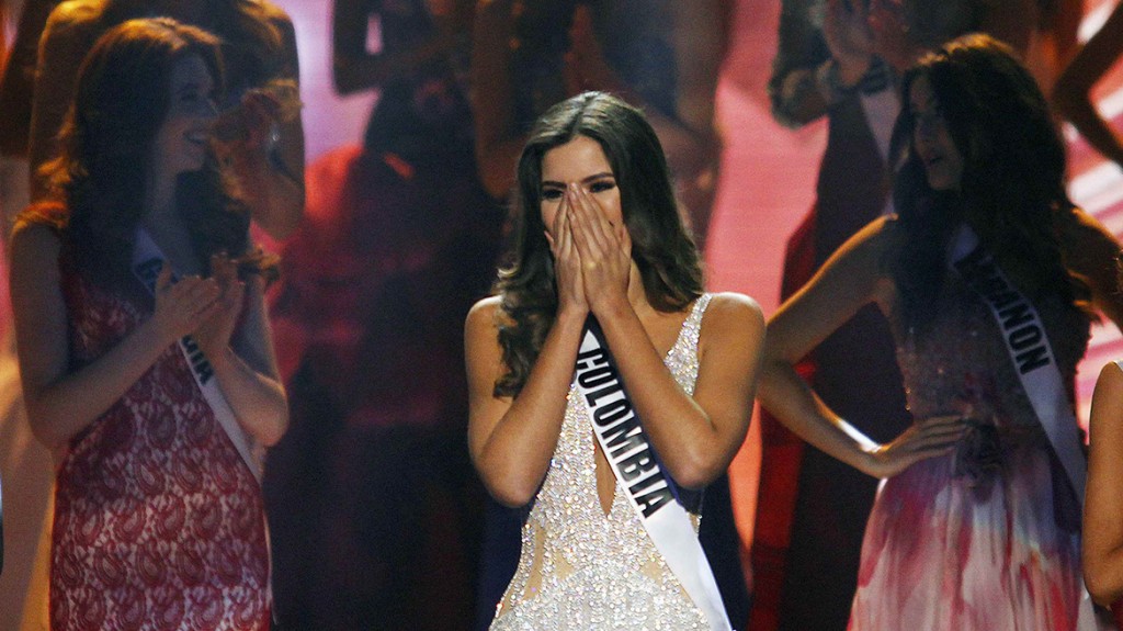 Vega reacts just before being crowned the winner at the 63rd Annual Miss Universe Pageant in Miami